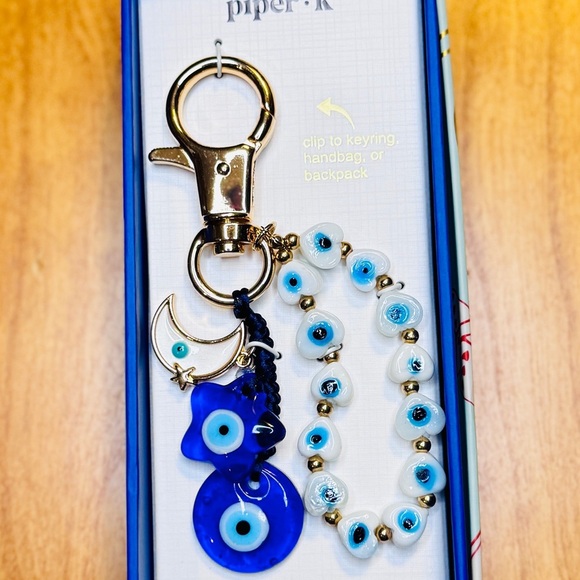 Piper K Evil Eye Bag Charm & Keychain – Blue Beaded Protection Amulet Clip - Picture 4 of 6